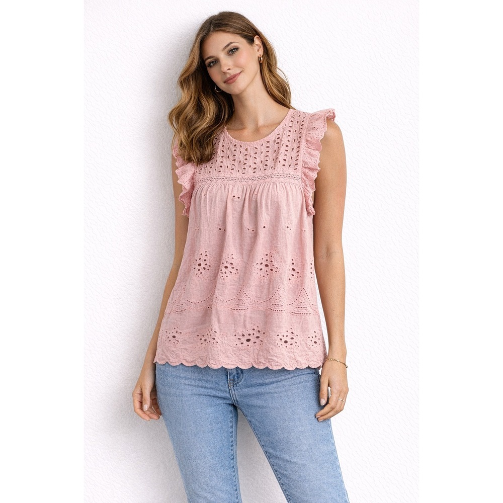 Entro Pink Eyelet Ruffle Sleeve Top Crochet Lace Detail Scalloped Hem Medium NEW